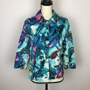 Chico's Additions Button Up Shirt Jacket Blazer Sz 1 Womans Medium Blue Stretch